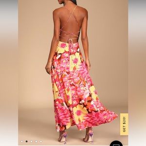 Lulu’s beautiful and bold pink multi floral print maxi dress